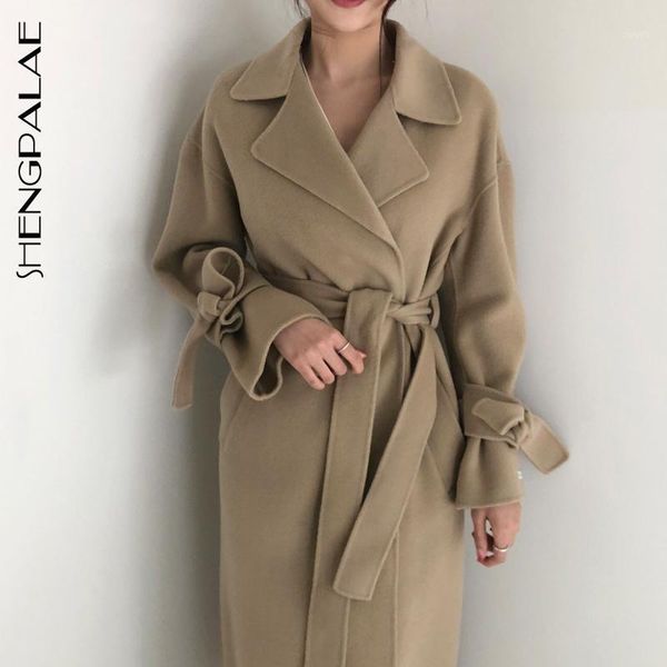 

shengpalae 2020 winter women's overcoat turn-down collar long-sleeved solid color straight lace up waist long woolen coat 8d9561, Black