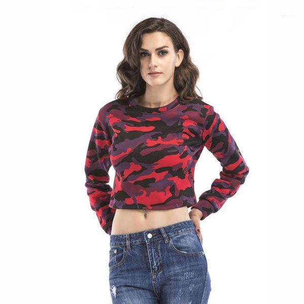 

2020 autumn and winter new hoodies women camouflage short clothes round neck plus velvet fashion casual korean pullovers1, Black