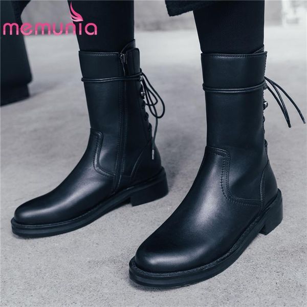 

memunia 2020 new arrival genuine leather shoes women ankle boots lace up fashion motorcycle boots women low heels shoes woman1, Black
