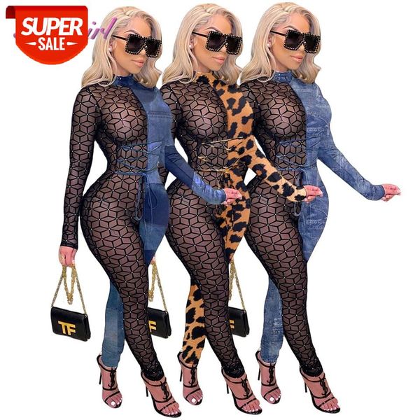 

winter fall sexyleopard print lace up mesh see though patchwork women's jumpsuit party club one piece outfit rompers overalls #bo4e, Black;white