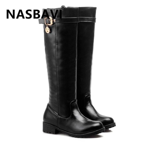 

new arrival riding boots low heel warm plush non-slip platform winter knee high boots women metal belt buckle women work, Black