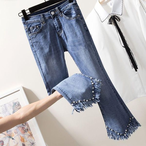 

women 2021 spring autumn new fashion jeans female high waist pearls beaded denim pants ladies slim casual flared trousers g86, Blue