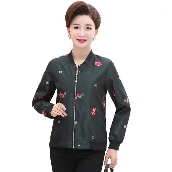 

middle-aged 40-50-60 year old women's jacket spring autumn long sleeve zipper flowers outerwear mom elegant thin coat large size1, Black;brown