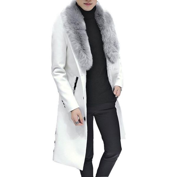 

men's fur & faux 2021 winter blazer collar long section men coat business casual leather jacket fleece warm thick overcoat xxxl, Black