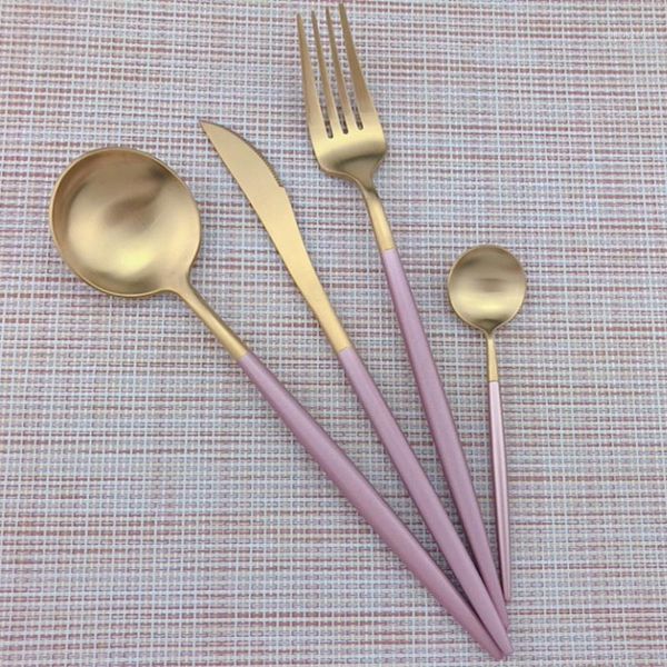 

5 pcs gold flatware golden stainless steel tableware cutlery set dinner knives dessert salad forks spoon round scoops dinnerware1