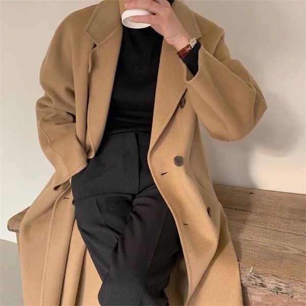 

spot 19 winter han guodong door double-sided wool cashmere hand sewing coat in female long cloth coat lapels, Black
