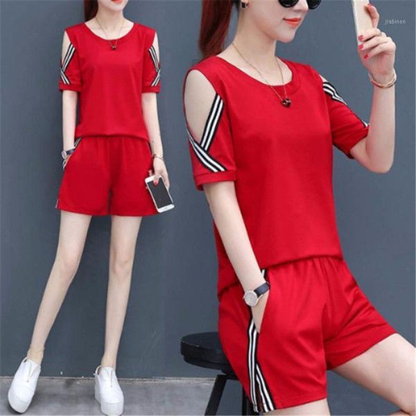 

two piece set women summer casual tracksuit ladie sports striped solid short sleeve crop and shorts set1, Gray
