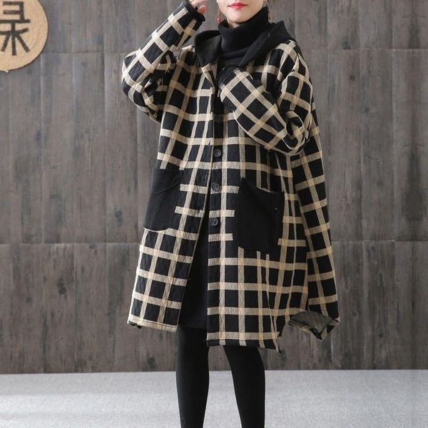 

johnature women plaid yellow vintage parkas irregular hooded coats autumn new button pockets female chinese style parkas 201031, Black
