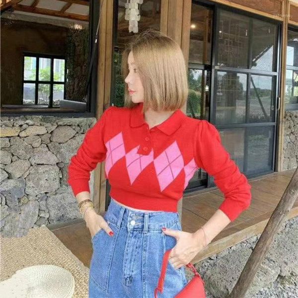 

2020 autumn argyle sweater women long sleeve crop korean collar fashion knit sweater ladies slim pullovers sueter mujer1, White;black