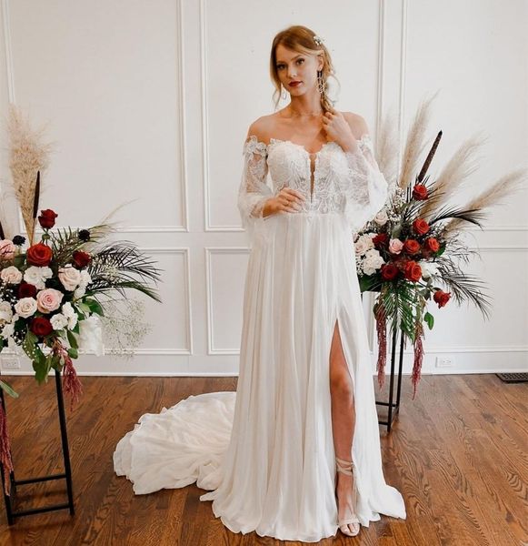 

a line wedding dress 2020 long sleeves sheer neckline lantern side slit brides dress sweep train lace appliques beach bride to be elegant, White