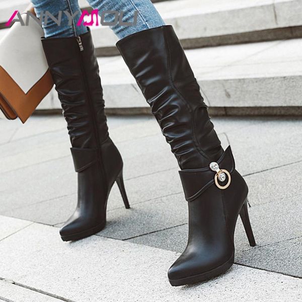 

boots annymoli winter knee high women pleated crystal thin heel tall zipper super shoes female autumn size 34-39, Black
