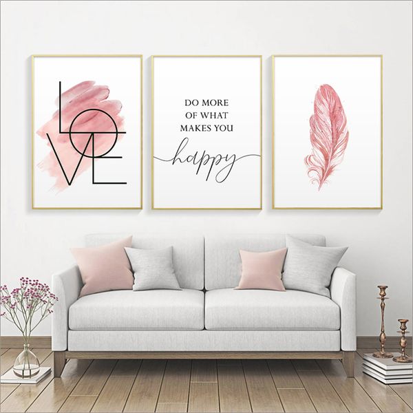 

pink feather canvas painting inspirational quote wall art poster and print love sign picture for girl bedroom home decor q1218