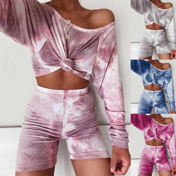 

tie-dye two piece set women vogue shorts and long sleeve tshirts o neck gradient color print ladies casual home wear outfits1, Gray