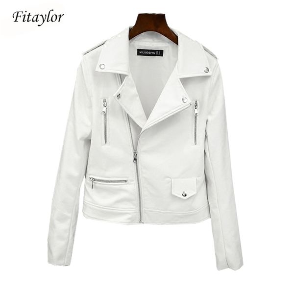 

fitaylor new spring autumn women biker leather jacket soft pu punk outwear casual motor faux leather white jacket 201223, Black