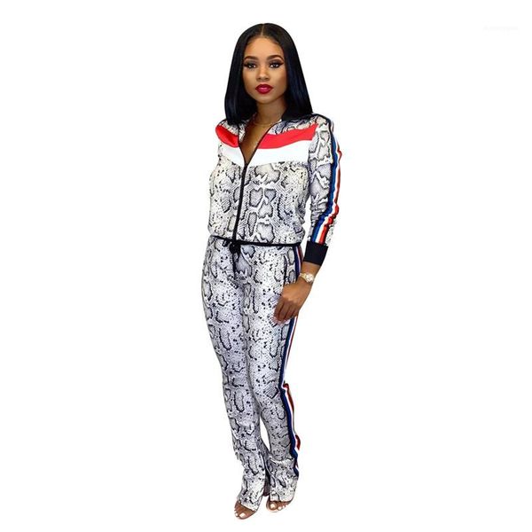 

crew neck caidigan two picece set casual spilt with zipper clothing serpentine printed womens tracksuits fashion panelled, White