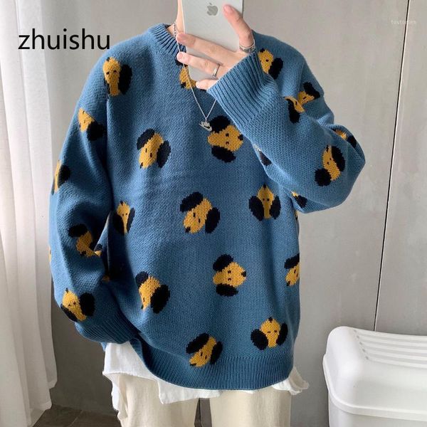

zhuishu dog embroidered o-neck sweater 2020 autumn cartoon knitted pullover new men's streetwear casual knitwear1, White;black