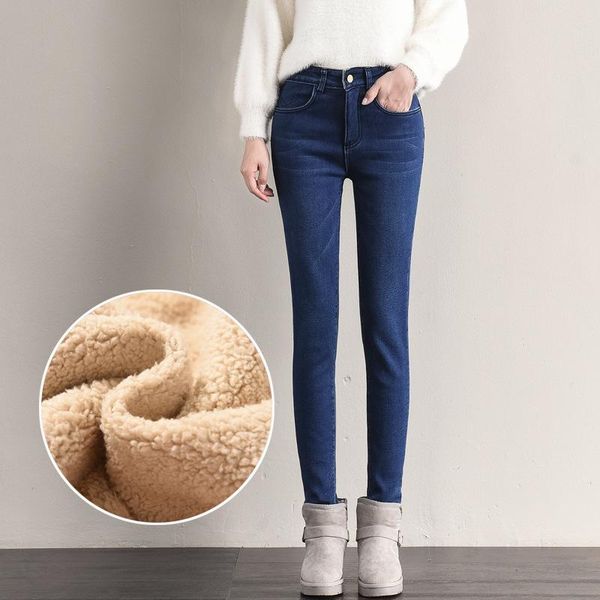 

2020 winter jeans female high waist denim skinny warm thick jeans for women mujer plus size velvet pants stretch pantalon femme, Blue