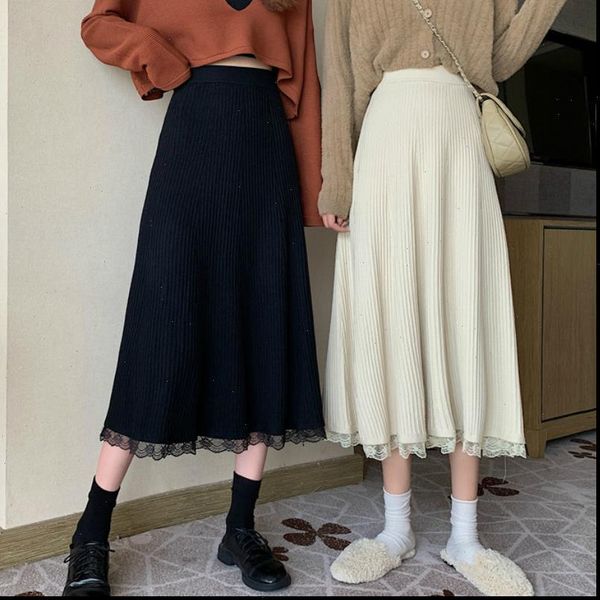 

autumn and winter 2021 new lace hem a line skirt korean style high waist knitted skirt drawstring elastic waist midi skirt, Black