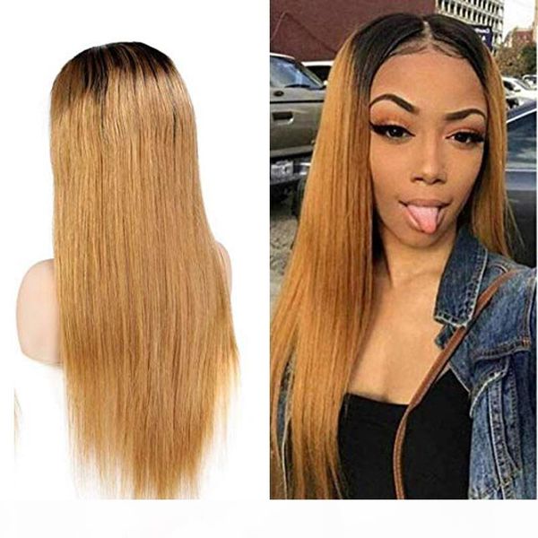 

ombre 1b 27 lace front human hair wigs brazilian virgin hair silky straight 150 density full lace wigs with baby hair for bwomen, Black;brown