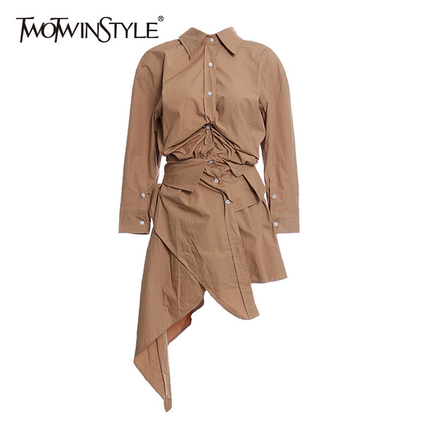 

twotwinstyle irregular white shirt dress for women lapel long sleeve high waist mini dresses female 2020 summer fashion new tide, Black;gray