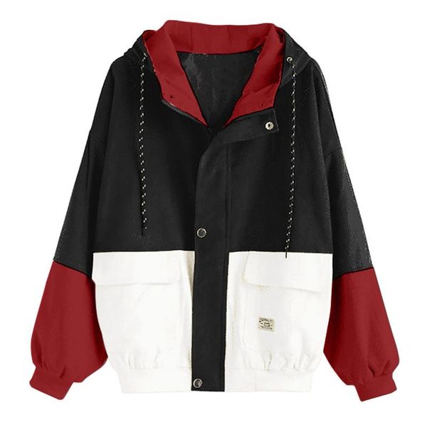 

women corduroy jacket color block long sleeve patchwork oversize jacket windbreaker coat drawstring hit color autumn overcoat#20, White