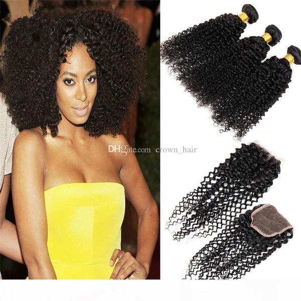 

mongolian 4 pcs lot 9a kinky curly lace closure with bundles curly hair weaves with closure 4x4 middle 3 way part, Black