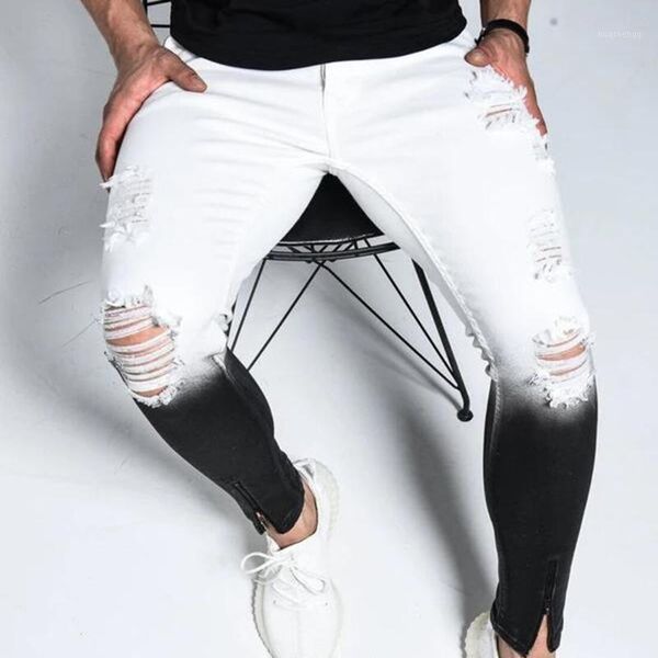 

gradient color ripped jeans men casual slim fit skinny jeans homme brand motor biker hip hop zipper denim pant trouser1, Blue