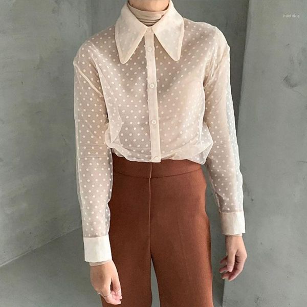 

he and chow 2020 vintage women dot mesh long sleeve blouse female shirts1, White