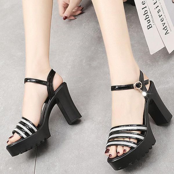 

sandals women thick heels summer fashion sequined buckle fish mouth ladies high-heeled non-slip #3, Black