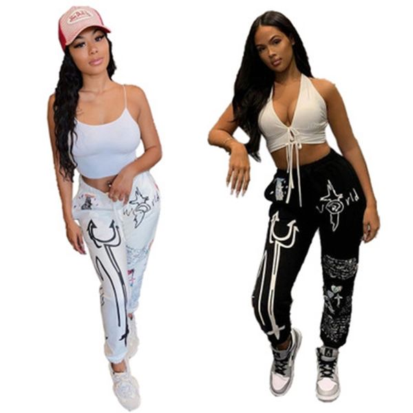 

zkyzwx salon pants cartoon card communication printing medium size pencil pants women's fashionable broad elastic street warm-up sweats, Blue;black