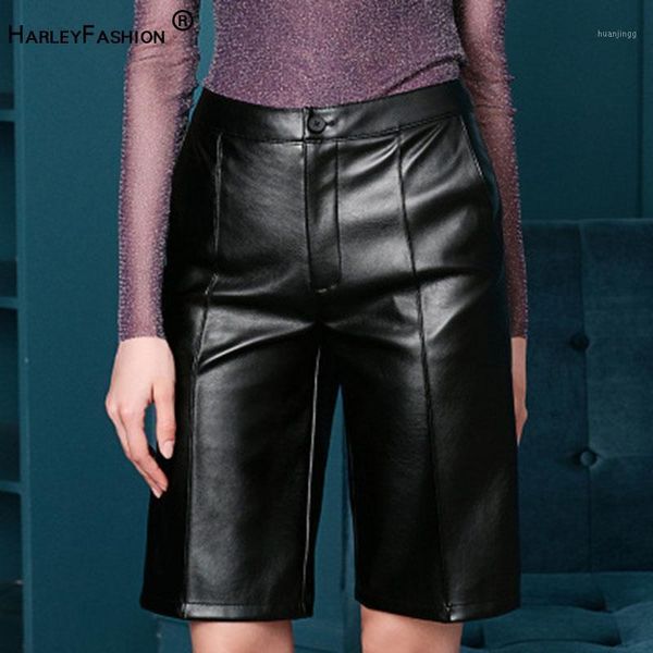

harleyfashion england style autumn winter women's pu leather short mid waist casual five point trouser straight overalls1, Black;white