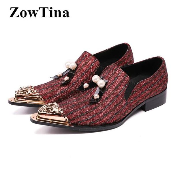 

Dark Red Men Iron Pointed Toe Dress Shoes Pearl Decor Formal Oxford Flats Wedding Shoes Large Size 46 Chaussure Homme Loafers, Black