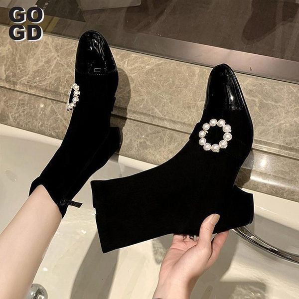 

gogd]new black shoes woman pearl decoration women ankle boots 2020 autumn winter high heels boots wedding casual pumps