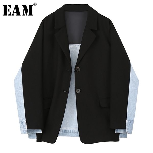 

[eam] women black denim split big size blazer new lapel long sleeve loose fit jacket fashion tide spring autumn 2020 lj201021, White;black