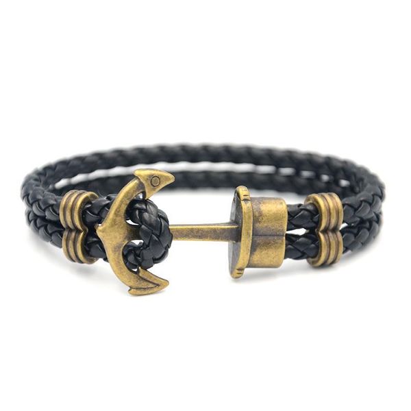 

junwei men double-deck boat anchor weave chain leather bracelets black rope gold anchor ju qylmcf