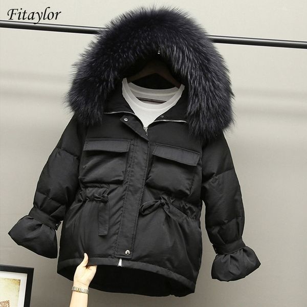 

fitaylor winter women 90% white duck down parkas slim jackets large natural raccoon fur hooded warm snow coat black outwear 201118