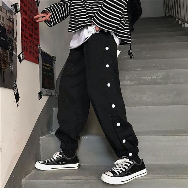 

spring sweatpants mens fashion solid color button track pants men streetwear wild loose hip hop straight trousers mens m xl, Black