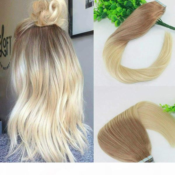 

two tone tape in human hair extensions #18#613 ombre blonde seamless brazilian virgin human hair skin weft slik straight100g 40pcs, Black