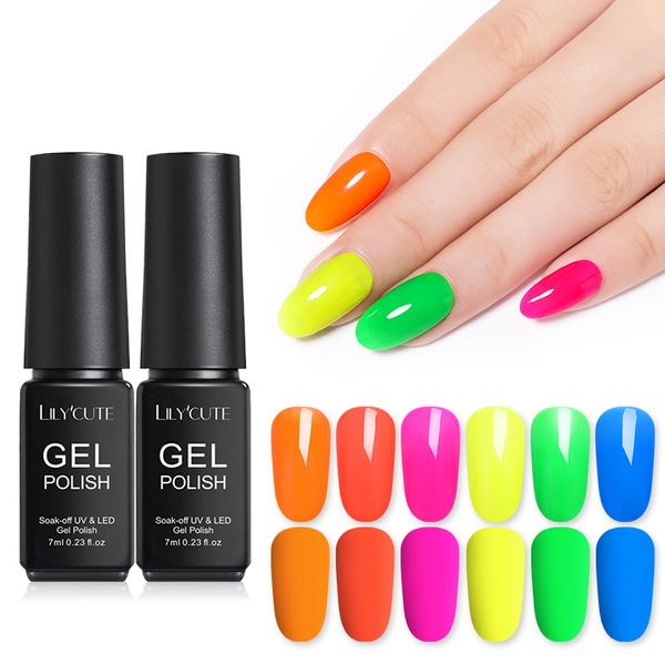 

lilycute 7ml fluorescent color gel nail polish green yellow matte colors uv led soak off vernis neon uv gel varnish nail art, Red;pink