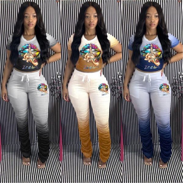 

women gradient folds sets fashion trend lips pattern long sleeve trousers suits designer female autumn new loose casual tracksuits, Gray