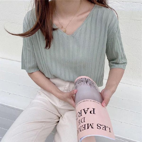 

summer v-neck short-sleeved ice silk thin section knitted t-shirt female loose half-sleeved women clothing1, White