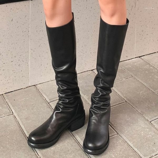

boots women's genuine leather back zip flats knee high pleated punk winter warm plush black slim motorcycle knight shoes1