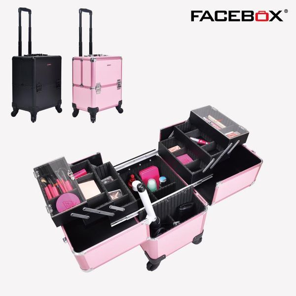 

2020 facebox brand makeup box with trolley beauty case with wheels professional removable makeup box black and pink color