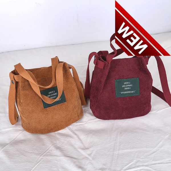 

vintage canvas handbags corduroy literary and artistic women's shoulder simple solid color buckle handbag bucket cloth bag