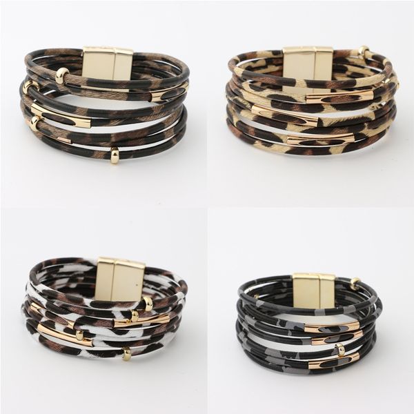 

fashion leather wrap bracelet for women men fashion leopard multilayer magnetic buckle cuff bracelets bangle statement jewelry kimter-k372fa