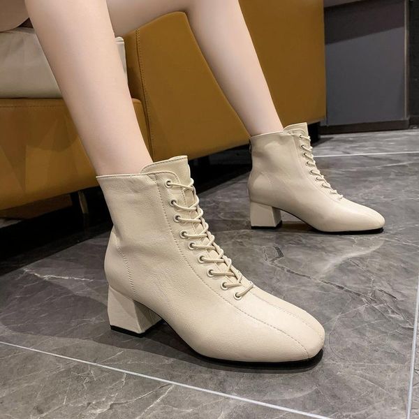 

mazefeng ankle boots for women square toe fashion shoes plush warm winter short boots zipper square heels comfortable lady shoes, Black