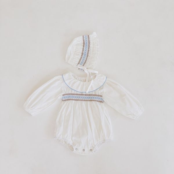 

newborn baby girls autumn rompers long sleeve ruffles jumpsuit hat set princess 100 day full moon white clothes kids sunsuit c1021, Blue