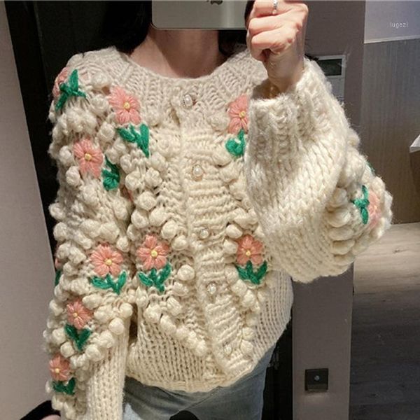 

sweater women poncho woman sweater heavy industry three-dimensional flower embroidery retro loose knitted cardigan 2020 new1, White