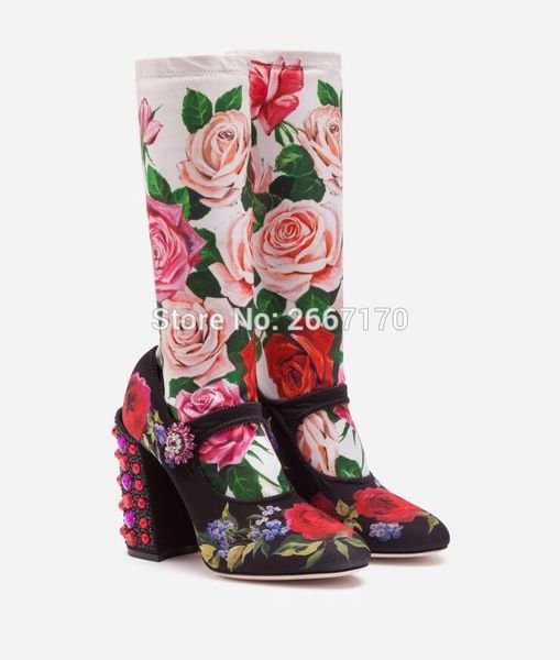 

2020 runway boots women stretch floral print sock boots jeweled studs block high heels rose flower botas mujer autumn winter1, Black