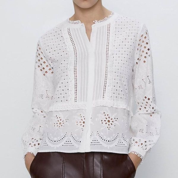 

chic women white shirt blouse summer 2020 new fashion long sleeve embroidery hollow out female loose shirts1